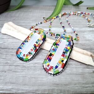Selenite Gemstone Multicolored Beaded Pendant Necklace, 16"